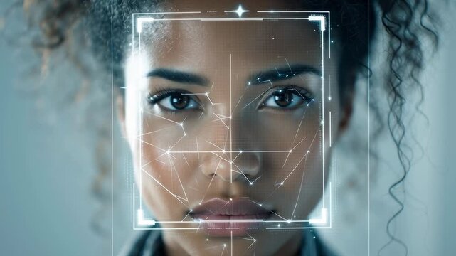 A woman with a square face is being scanned by a machine. Concept of technology and modernity, as well as a feeling of being watched or monitored. The woman's facial features are captured and analyzed