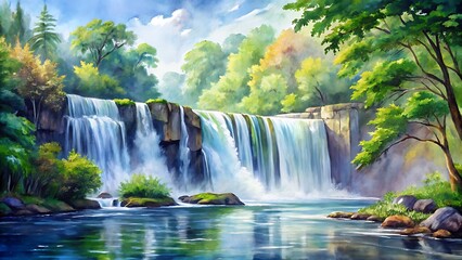 Watercolor painting of a beautiful waterfall cascading into a clear river