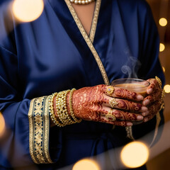 A woman with henna-painted hands holds a steaming cup of tea