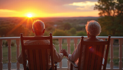 Elderly couple holds hands in rocking chairs on porch watching golden hour sunset. Peaceful retirement scene evokes contentment, companionship, lasting love. Tranquil evening view over countryside