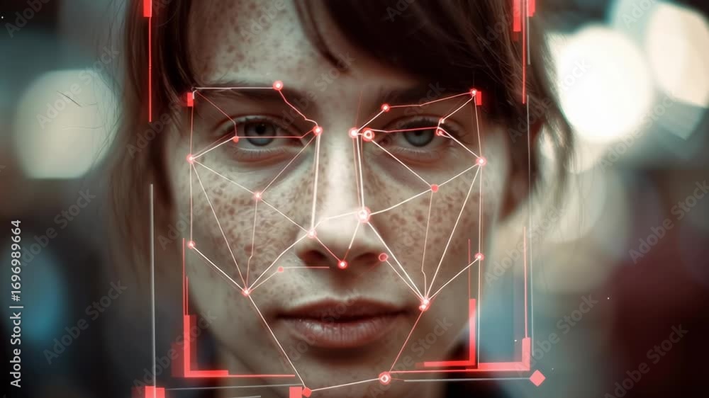Poster a woman's face is shown in a computer screen with a red outline. the image is of a woman with a face