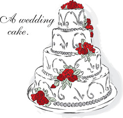 Beautiful wedding cake. Vector illustration for greeting cards and invitations.