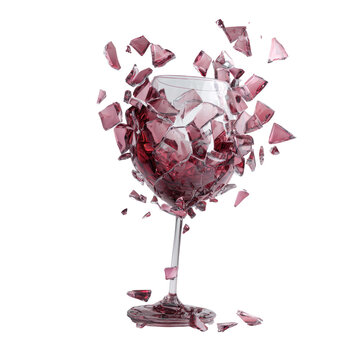 Shattered wine glass, red liquid, exploding fragments