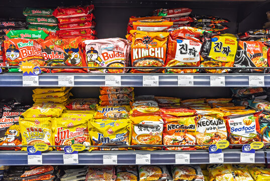 Vinnytsia, Ukraine - September 05, 2025: Buldak Kimchi Jin Ramen instant food products arranged on retail shop shelves