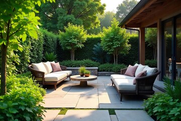 Serene patio oasis featuring lush greenery, natural stone paving, and comfortable seating Perfect for relaxation and outdoor entertaining , pillows, trees
