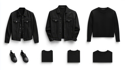 Casual men’s wear set of five items, including a black jacket and t-shirt, displayed on white background