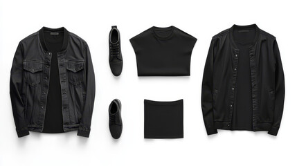 Casual men’s wear set of five items, including a black jacket and t-shirt, displayed on white background