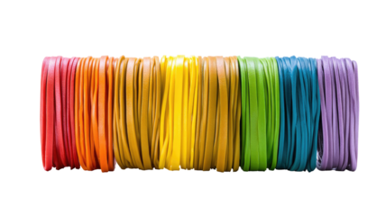 Colorful, rainbow-hued, tightly-packed, flexible cords or strips arranged in a horizontal rectangular shape against a black background