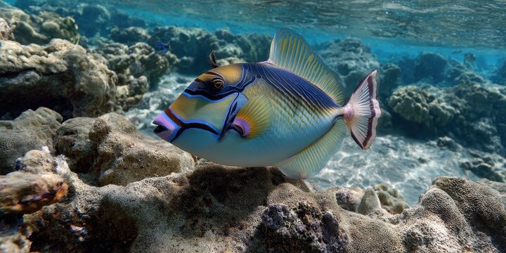 Vibrant Picasso Triggerfish Swimming at Black Rock, Kaanapali, Maui - A Tropical Underwater Exploration
