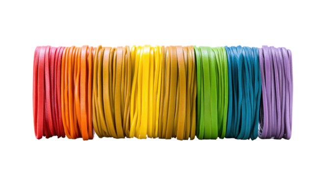 Colorful, rainbow-hued, tightly-packed, flexible cords or strips arranged in a horizontal rectangular shape against a black background
