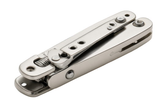 Compact, silver-toned multi-tool, folded