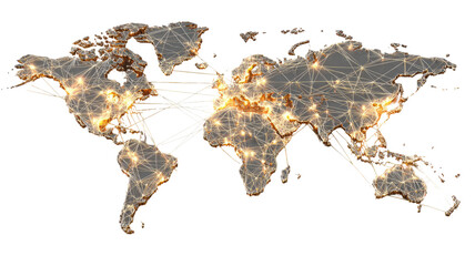 Global network map.  Detailed world map with glowing points and connecting lines.  Networked global connections.  3D map projection.  Points of light scattered across landmasses