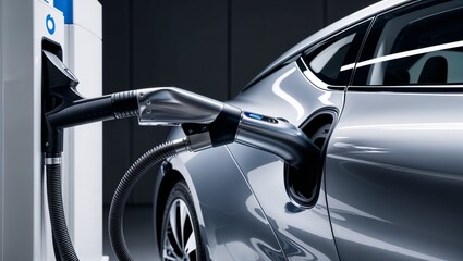 A sleek electric car being charged, promoting sustainable mobility.