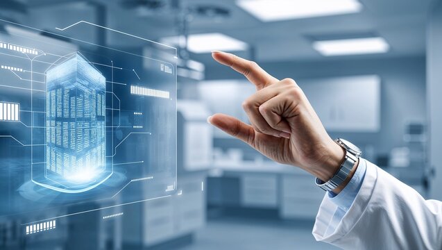 A surgeon engages with a holographic interface for medical procedures.