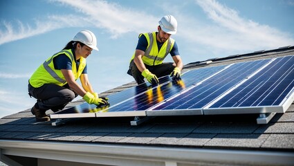 Technicians expertly fitting solar panels onto a residential roof.