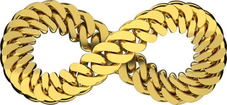 Gold Infinity Cuban Links Chain. Luxury Jewelry, Necklace or Bracelet. Symbol of Eternal Strength, Success and Elegance. 3D isolated illustration
