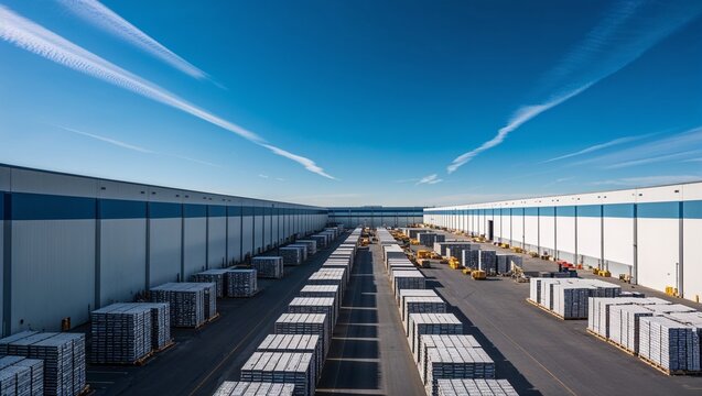 Vast warehouse grounds filled with neatly arranged pallets.