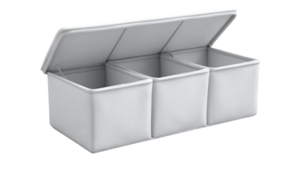 Three-compartment storage box with a hinged lid.  Light gray/off-white color.  Boxes sit flush with main container