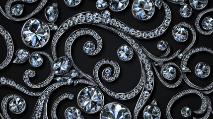 Realistic diamond seamless design set against a black background. Shiny gemstone curls ideal for jewelry graphics, banners, posters, invitations, and gift cards. Vector illustration.