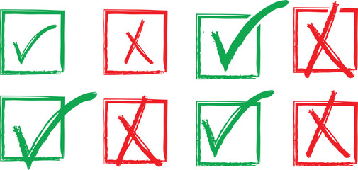 Hand-drawn Vector Icons Set of Green Checkmarks and Red Crosses for Checklists and Surveys