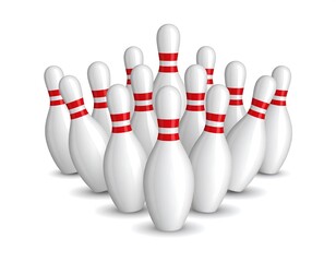 Bowling pins arranged in a pyramid shape on a white background