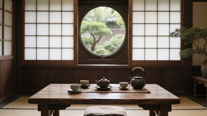 Japanese-Style Lattice Window Courtyard Tea Ceremony Still Life Photography