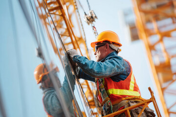 Construction worker at height on building facade