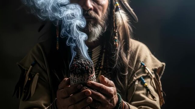 Male shaman holding smoking herb bundle for spiritual cleansing. Man doing native american ritual or meditation practice. Healing method footage.