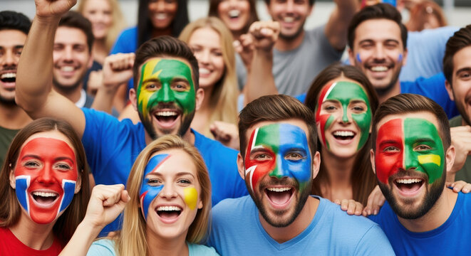 Cheerful sports fans with painted faces showing their team spirit at stadium. Sports fans in colorful makeup supporting their team with excitement, energy, and enthusiasm,