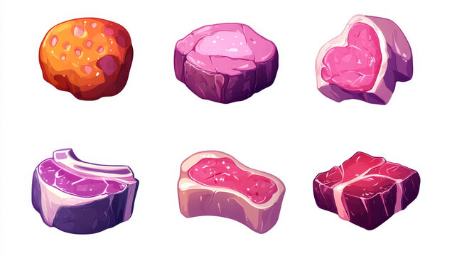 Set of steak icons: raw and cooked chops, sirloin, roast, and fresh beef pieces for barbecue or grill, isolated on white. Cartoon vector illustration