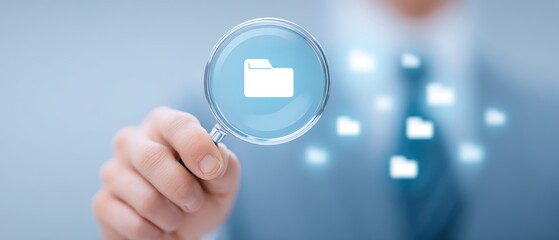 Businessman Searching for Important Documents and Files with Magnifier