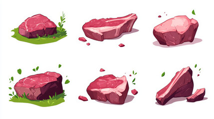 Set of steak icons: raw and cooked chops, sirloin, roast, and fresh beef pieces for barbecue or grill, isolated on white. Cartoon vector illustration