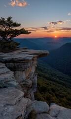 A breathtaking vista of a dramatic cliffside at sunrise, showcasing a majestic mountain range stretching out below.
