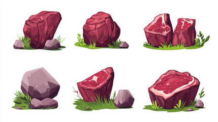 Set of steak icons: raw and cooked chops, sirloin, roast, and fresh beef pieces for barbecue or grill, isolated on white. Cartoon vector illustration