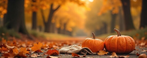 Cozy autumn scene with warm-toned sweaters, pumpkins, and falling leaves, evoking a feeling of relaxed fall comfort instead of summer's heat , harvest, brown