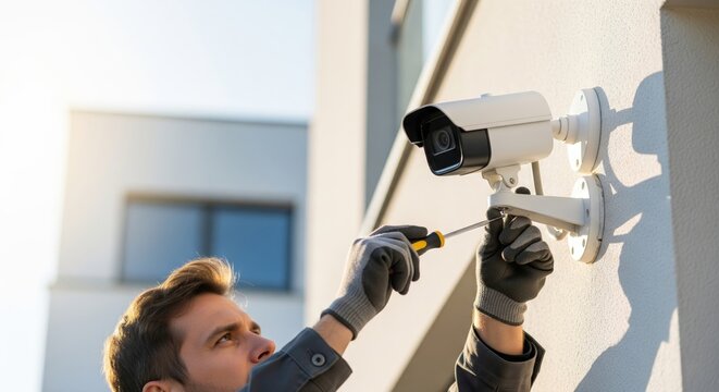 Caucasian male adult installing security camera on building exterior wall
