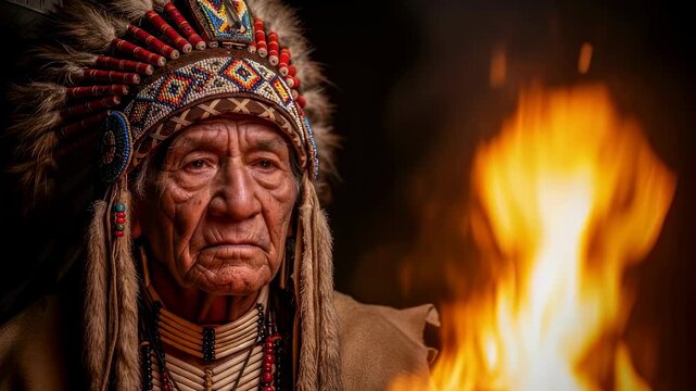 Old man in a traditional feathered headdress by the fire. Native American chief portrait with flames at night. Historical cultural living footage.