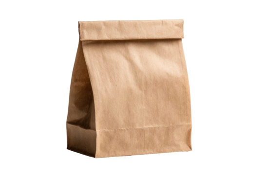 Brown paper lunch bag studio shot, plain background, food packaging