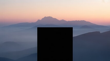 Black Square Silhouette Against Ash Blue and Mauve Mountain Range at Dawn