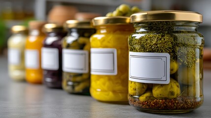 Glass jars of preserved vegetables and herbs arranged in a row evoke home canning, artisanal food trends, and organic kitchen storage