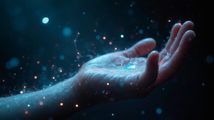 Fototapeta premium Hand holding glowing particles in dark space, digital creation concept
