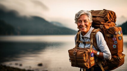 A smiling woman showcasing her outdoor enthusiast spirit by a lake.