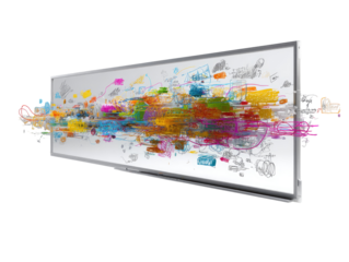 Interactive whiteboard with colorful abstract doodles