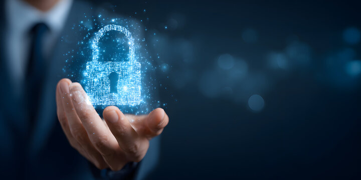 cybersecurity protection with a businessman holding  digital padlock for loginidentity verification and redentials secure network ystem for data privacy andprotection