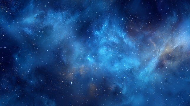 Vast cosmic nebula with shimmering stars and deep blue hues, a breathtaking celestial backdrop for exploration and wonder.