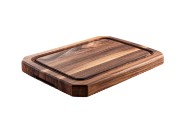 Rectangular hardwood cutting board.  A dark-brown wooden cutting board with a rectangular shape, a beveled edge, and a slightly recessed groove running along its length.  The wood grain is visible