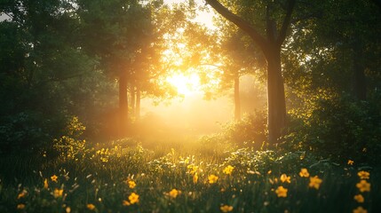 Magical morning sunlight glowing across dark forest high resolution picture