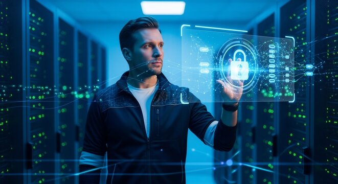 Male IT engineer activating a cybersecurity lock on a futuristic virtual touch screen display inside a high-tech data center