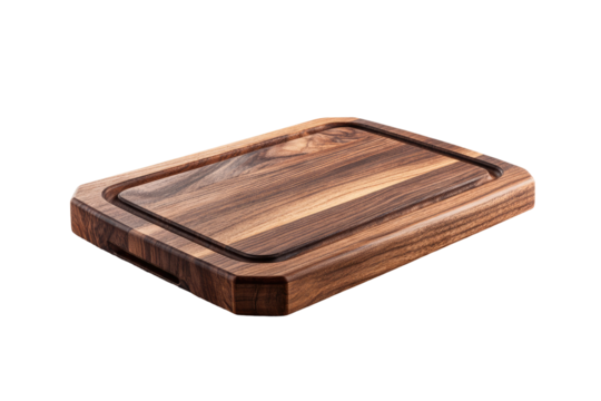 Rectangular hardwood cutting board.  A dark-brown wooden cutting board with a rectangular shape, a beveled edge, and a slightly recessed groove running along its length.  The wood grain is visible