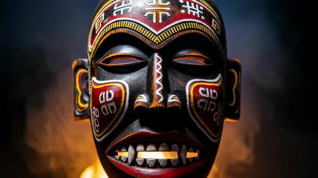 Ethnic, aboriginal wooden mask with teeth and patterns. Traditional African tribal art and ritualistic cultural object. Tribal culture footage.